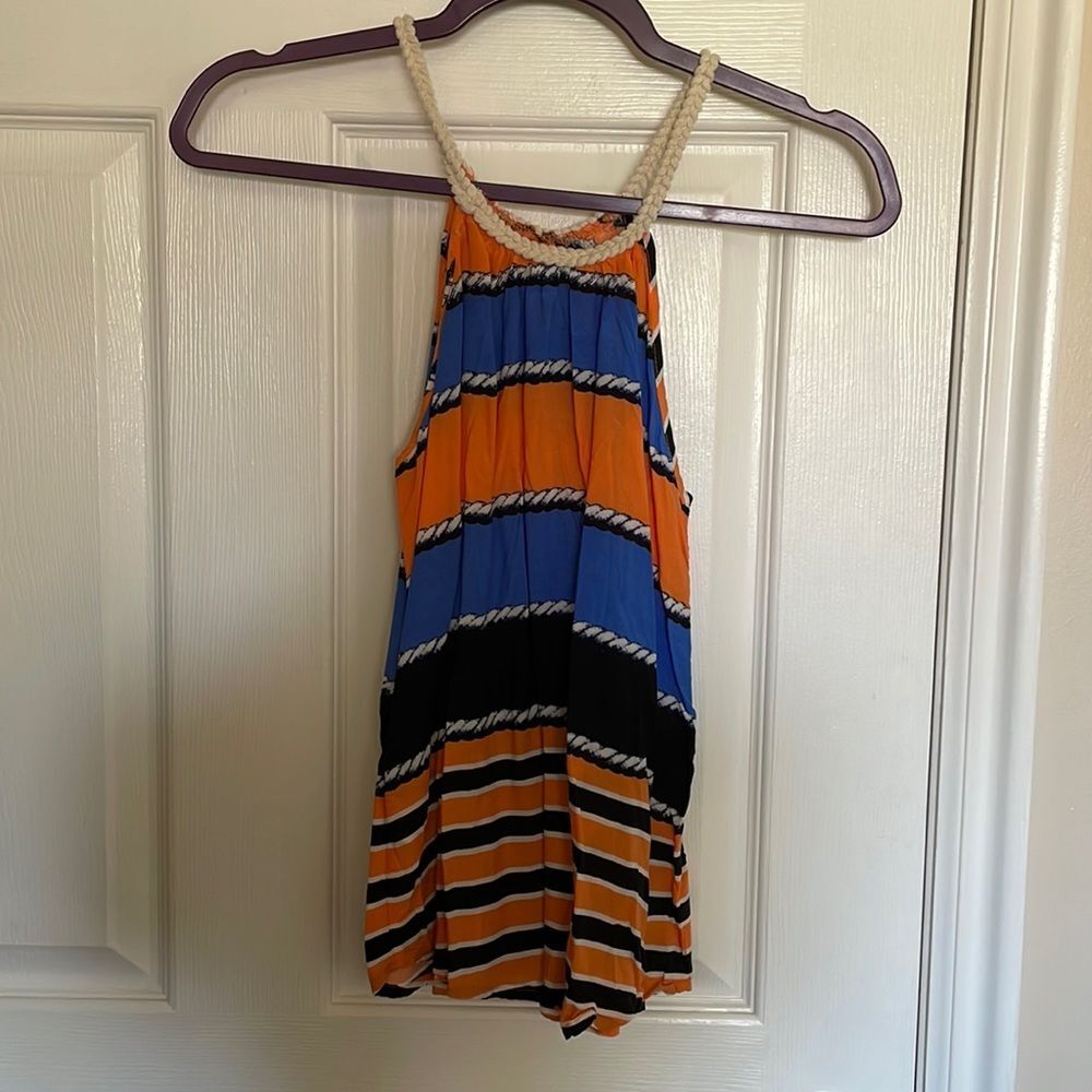 Striped Tank Top Shirt Nautical Rope Blouse Orange Blue Black White Cream